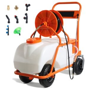battery powered lawn sprayer on wheel, 0 90 psi adjustable pressure, 15 gallon tank, cart sprayer with 8 nozzles and 2 wands, 12v 12ah battery, wide mouth lid for weeding, spraying