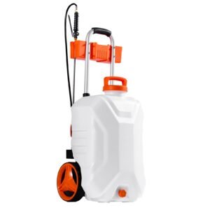 battery powered sprayer with wheeled cart, 10 gallons electric weed sprayer, adjustable 0 80 psi, yard lawn sprayers with wheels, 5 nozzles & 98ft hose, 3 6h spray time, for weeding, cleaning