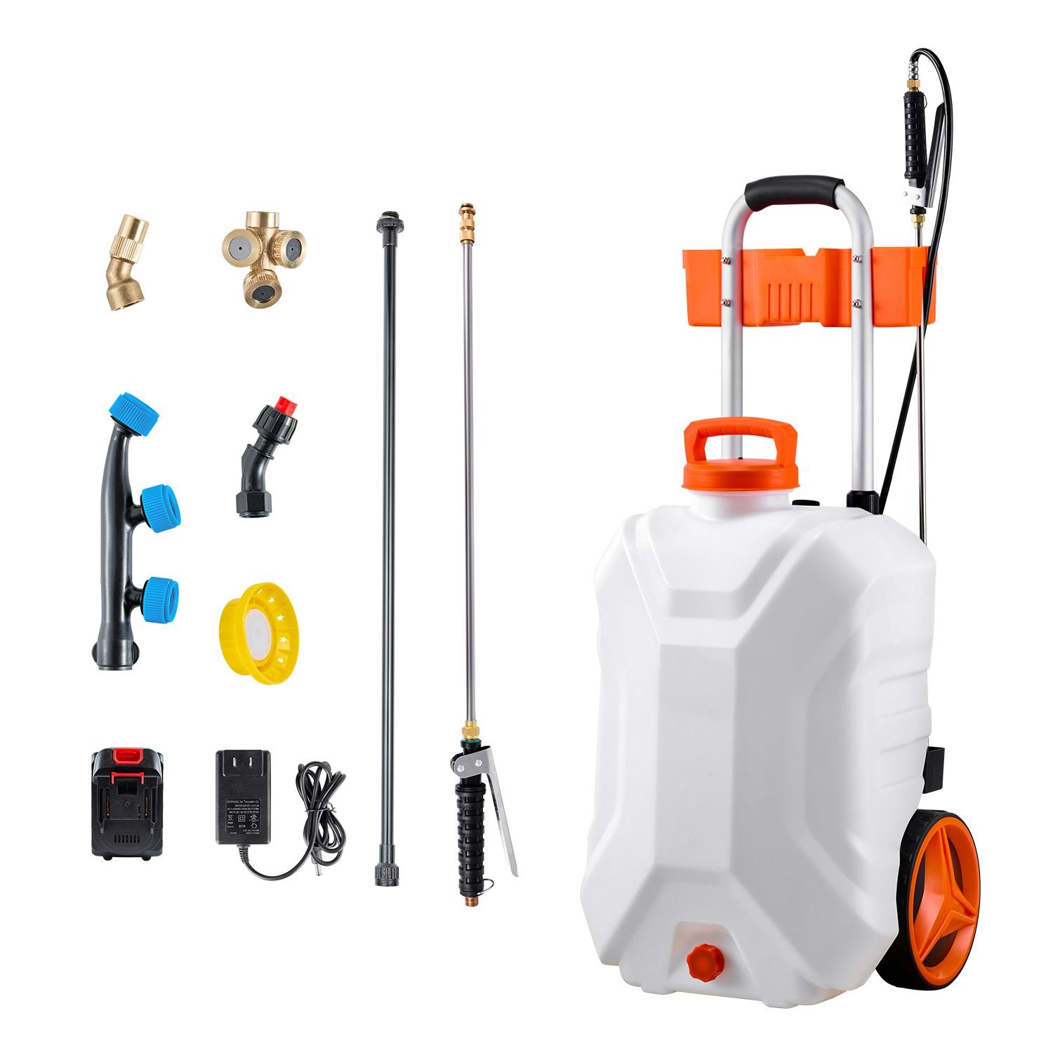 battery powered sprayer with wheeled cart, 10 gallons electric weed sprayer, adjustable 0 80 psi, yard lawn sprayers with wheels, 5 nozzles & 98ft hose, 3 6h spray time, for weeding, cleaning