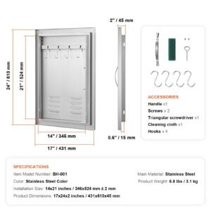 bbq access door, 17w x 24h inch single outdoor kitchen door, stainless steel flush mount door, wall vertical door with handle, vents and hook, for bbq island, grilling station, outside cabinet