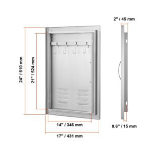 bbq access door, 17w x 24h inch single outdoor kitchen door, stainless steel flush mount door, wall vertical door with handle, vents and hook, for bbq island, grilling station, outside cabinet