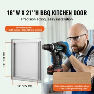 bbq access door, 18w x 21h inch single outdoor kitchen door, stainless steel flush mount door, wall vertical door with recessed handle, for bbq island, grilling station, outside cabinet
