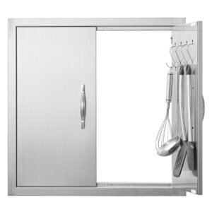 bbq access door, 24w x 24h inch double outdoor kitchen door, stainless steel flush mount door, double wall vertical door with handles and hooks, for bbq island, grilling station, outside cabinet