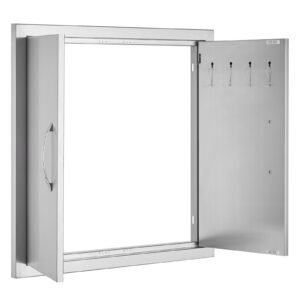 bbq access door, 24w x 24h inch double outdoor kitchen door, stainless steel flush mount door, double wall vertical door with handles and hooks, for bbq island, grilling station, outside cabinet