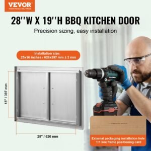 bbq access door, 28w x 19h inch double outdoor kitchen door, stainless steel flush mount door, wall vertical door with handles, for bbq island, grilling station, outside cabinet