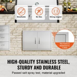 bbq access door, 28w x 19h inch double outdoor kitchen door, stainless steel flush mount door, wall vertical door with handles, for bbq island, grilling station, outside cabinet