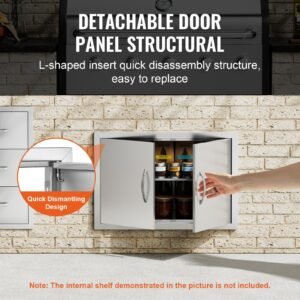 bbq access door, 28w x 19h inch double outdoor kitchen door, stainless steel flush mount door, wall vertical door with handles, for bbq island, grilling station, outside cabinet