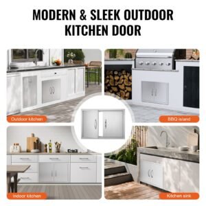bbq access door, 28w x 19h inch double outdoor kitchen door, stainless steel flush mount door, wall vertical door with handles, for bbq island, grilling station, outside cabinet
