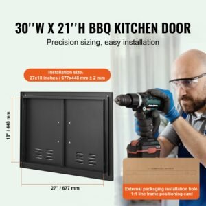 bbq access door, 30w x 21h inch double outdoor kitchen door, cold plate flush mount door, wall vertical door with handles and ventss, for bbq island, grilling station, outside cabinet