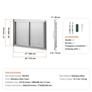 bbq access door, 30w x 21h inch double outdoor kitchen door, stainless steel flush mount door, wall vertical door with handles, for bbq island, grilling station, outside cabinet