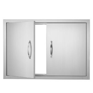 bbq access door, 30w x 21h inch double outdoor kitchen door, stainless steel flush mount door, wall vertical door with handles, for bbq island, grilling station, outside cabinet