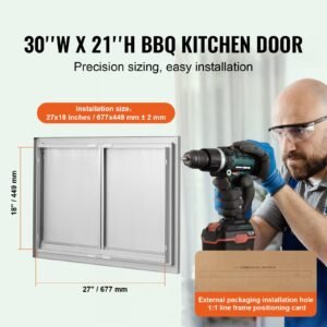 bbq access door, 30w x 21h inch double outdoor kitchen door, stainless steel flush mount door, wall vertical door with recessed handles , for bbq island, grilling station, outside cabinet