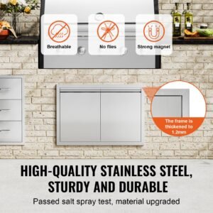 bbq access door, 30w x 21h inch double outdoor kitchen door, stainless steel flush mount door, wall vertical door with recessed handles , for bbq island, grilling station, outside cabinet