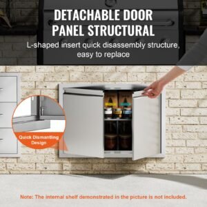 bbq access door, 30w x 21h inch double outdoor kitchen door, stainless steel flush mount door, wall vertical door with recessed handles , for bbq island, grilling station, outside cabinet