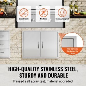 bbq access door, 31w x 24h inch double outdoor kitchen door, stainless steel flush mount door, double wall vertical door with handles and hooks, for bbq island, grilling station, outside cabinet