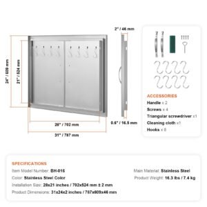 bbq access door, 31w x 24h inch double outdoor kitchen door, stainless steel flush mount door, double wall vertical door with handles and hooks, for bbq island, grilling station, outside cabinet
