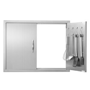 bbq access door, 31w x 24h inch double outdoor kitchen door, stainless steel flush mount door, double wall vertical door with handles and hooks, for bbq island, grilling station, outside cabinet