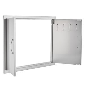 bbq access door, 31w x 24h inch double outdoor kitchen door, stainless steel flush mount door, double wall vertical door with handles and hooks, for bbq island, grilling station, outside cabinet