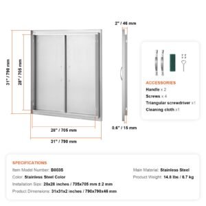 bbq access door, 31w x 31h inch double outdoor kitchen door, stainless steel flush mount door, wall vertical door with handles, for bbq island, grilling station, outside cabinet
