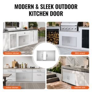 bbq access door, 34w x 19h inch double outdoor kitchen door, stainless steel flush mount door, wall vertical door with handles, for bbq island, grilling station, outside cabinet