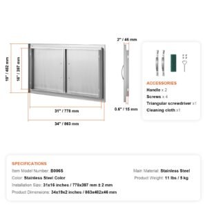 bbq access door, 34w x 19h inch double outdoor kitchen door, stainless steel flush mount door, wall vertical door with handles, for bbq island, grilling station, outside cabinet