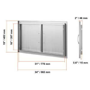 bbq access door, 34w x 19h inch double outdoor kitchen door, stainless steel flush mount door, wall vertical door with handles, for bbq island, grilling station, outside cabinet