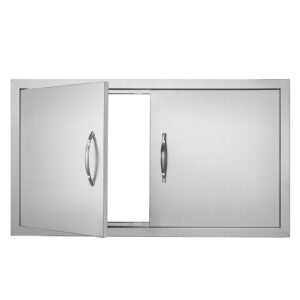 bbq access door, 34w x 19h inch double outdoor kitchen door, stainless steel flush mount door, wall vertical door with handles, for bbq island, grilling station, outside cabinet