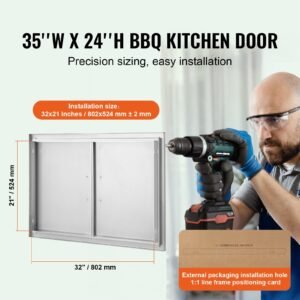 bbq access door, 35w x 24h inch double outdoor kitchen door, stainless steel flush mount door, wall vertical door with handles, for bbq island, grilling station, outside cabinet