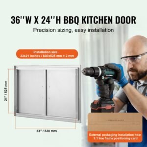 bbq access door, 36w x 24h inch double outdoor kitchen door, stainless steel flush mount door, wall vertical door with handles, for bbq island, grilling station, outside cabinet