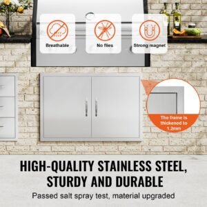 bbq access door, 36w x 24h inch double outdoor kitchen door, stainless steel flush mount door, wall vertical door with handles, for bbq island, grilling station, outside cabinet