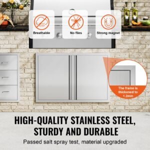 bbq access door, 36w x 24h inch double outdoor kitchen door, stainless steel flush mount door, wall vertical door with recessed handles , for bbq island, grilling station, outside cabinet