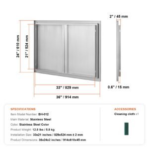 bbq access door, 36w x 24h inch double outdoor kitchen door, stainless steel flush mount door, wall vertical door with recessed handles , for bbq island, grilling station, outside cabinet