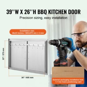 bbq access door, 39w x 26h inch double outdoor kitchen door, stainless steel flush mount door, wall vertical door with handles and hooks, for bbq island, grilling station, outside cabinet