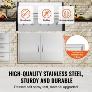 bbq access door, 39w x 26h inch double outdoor kitchen door, stainless steel flush mount door, wall vertical door with handles and hooks, for bbq island, grilling station, outside cabinet