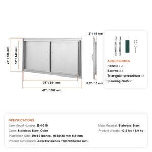 bbq access door, 42w x 21h inch double outdoor kitchen door, stainless steel flush mount door, wall vertical door with handles, for bbq island, grilling station, outside cabinet