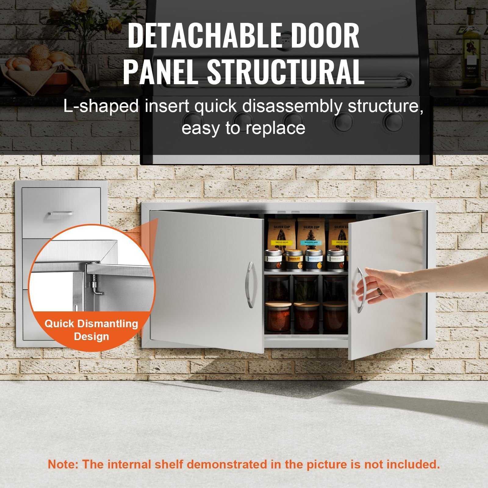 bbq access door, 42w x 21h inch double outdoor kitchen door, stainless steel flush mount door, wall vertical door with handles, for bbq island, grilling station, outside cabinet