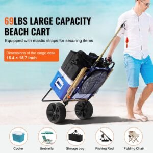 beach dolly with big wheels for sand, 15.4" x 15.7" cargo deck, w/ 10" pe solid wheels, 69lbs loading capacity folding sand cart, heavy duty cart for picnic, camping, fishing, beach, gardening