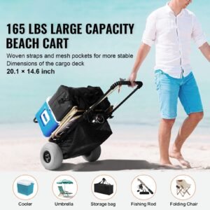 beach dolly with big wheels for sand, 20.1" x 14.6" cargo deck, w/ 9" balloon wheels, 165lbs loading capacity folding sand cart & 27.2" to 44.9" adjustable height, heavy duty cart for beach