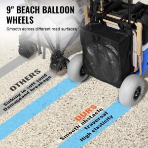 beach dolly with big wheels for sand, 20.1" x 14.6" cargo deck, w/ 9" balloon wheels, 165lbs loading capacity folding sand cart & 27.2" to 44.9" adjustable height, heavy duty cart for beach