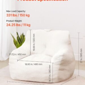 bean bag chair, 3 feet bean bag chair with soft armrests and storage pocket, 25d memory foam filled with soft teddy velvet cover, bean bag for bedroom or playroom, white