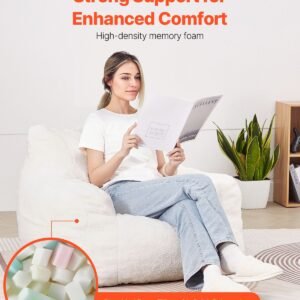 bean bag chair, 3 feet bean bag chair with soft armrests and storage pocket, 25d memory foam filled with soft teddy velvet cover, bean bag for bedroom or playroom, white