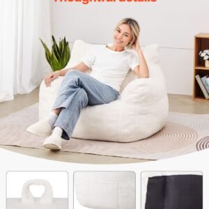 bean bag chair, 3 feet bean bag chair with soft armrests and storage pocket, 25d memory foam filled with soft teddy velvet cover, bean bag for bedroom or playroom, white