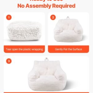 bean bag chair, 3 feet bean bag chair with soft armrests and storage pocket, 25d memory foam filled with soft teddy velvet cover, bean bag for bedroom or playroom, white