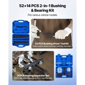 bearing press kit, 52+14 pcs, 2 in 1 bushing driver tool & bearing press kit, race and seal driver set with 49 bushings, separators and jaws, heavy duty removal installation tool set with case
