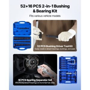 bearing press kit, 52+16 pcs, 2 in 1 bushing driver tool & bearing press kit, race and seal driver set with 49 bushings, 10 collets, slide hammer, heavy duty removal installation set with case