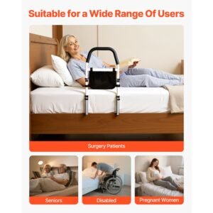 bed rail for elderly, bedside assist rails with pu handrail, adjustable height pipe bedside cane, high strength carbon steel bed bars for seniors & patients, fits king, queen, full, twin