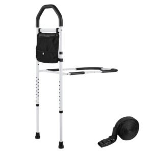 Bed Rail for Elderly, Bedside Assist Rails with Supporting Leg and PU Handrail, Adjustable Height Carbon Steel Pipe Bedside Cane, Bed Bars for Seniors & Patients, Fits King, Queen, Full, Twin