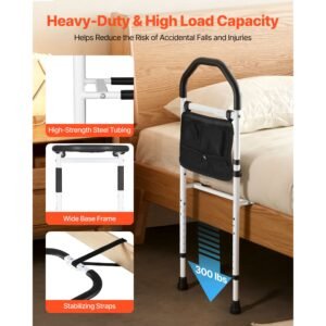 bed rail for elderly, bedside assist rails with supporting leg and pu handrail, adjustable height carbon steel pipe bedside cane, bed bars for seniors & patients, fits king, queen, full, twin