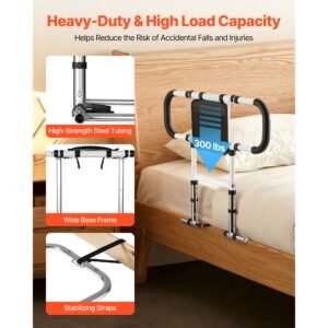 bed rail for elderly, foldable & extendable bedside assist rail with side handles & pu handrail, adjustable height carbon steel pipe bedside cane, senior bed bar fits king, queen, full, twin