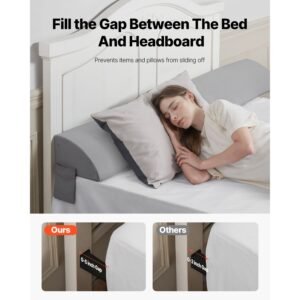 bed wedge pillow for headboard, king size, 76"x8"x6" bed gap filler, fill 0 5" gap between headboard and mattress, 25d foam mattress wedge headboard pillow with side pocket, for backrest, gray